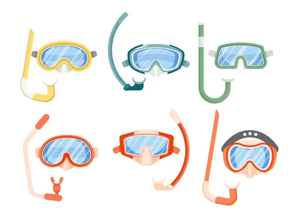 一套不同设计的水肺潜水面具、水肺潜水设备。水下玻璃杯及开口管 — 图库矢量图片