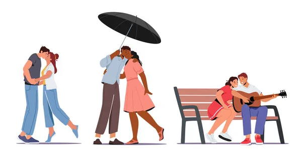 Ensemble de couples en amour d'automne. Amour homme et femme baiser sous parapluie, tenir la main, chanter, jouer de la guitare — Image vectorielle