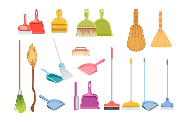 Conjunto de Ferramentas Domésticas de Limpeza Diferentes Vassoura, Colher, Dustpans e Pincéis para Limpeza. Fornecimentos domésticos manuais — Vetor de Stock