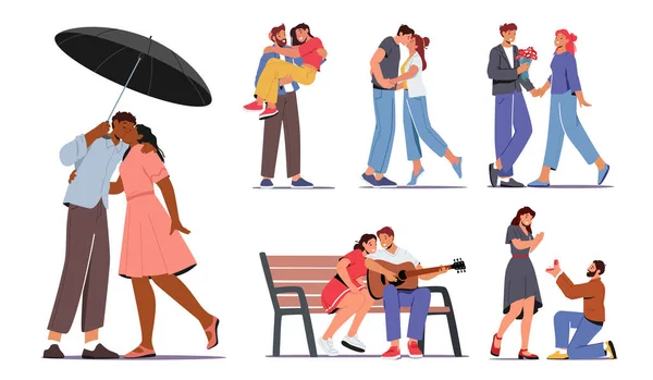 Verliefd stellen. liefdevolle man en vrouw kussen onder paraplu, meisje krijgen bloem boeket, voorstel, serenade — Stockvector