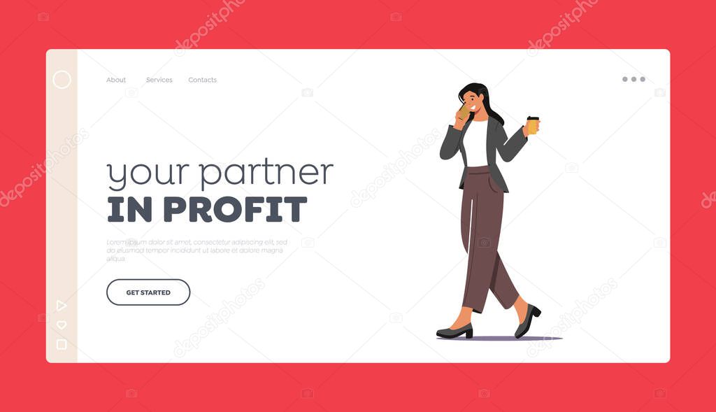 Your Partner in Profit Landing Page Template. Business Woman Morning Takeaway Drink Refreshment. Young Businesswoman