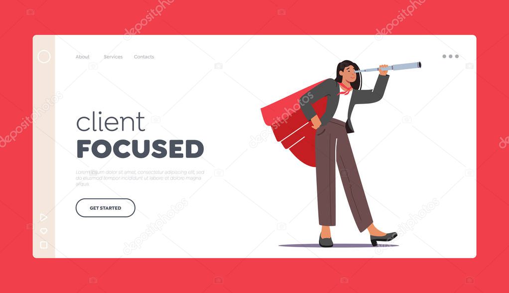 Client Focused Landing Page Template. Businesswoman in Super Hero Cloak Watch to Spyglass. Business Vision, Recruitment