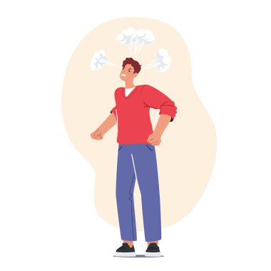 Öfkeli Adam Gnash Dişleri ve Kafasında Duman, Öfke ve Öfke. Saldırgan İfadesi Olan Öfkeli Erkek Karakteri