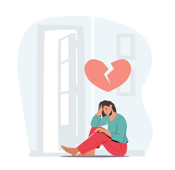 Depressed Heartbroken Woman Sit on Floor with Pieces of Red Broken Heart and Crying. End of Love and Loving Relations — 스톡 벡터