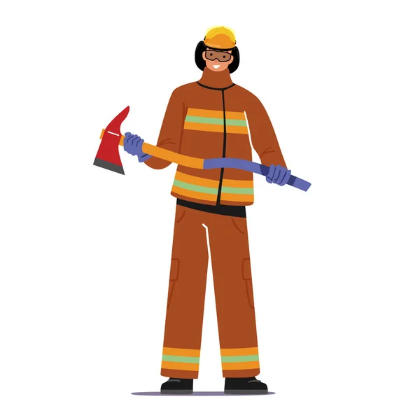 Fireman Holding Axe. Brave Fire Man with Equipment for Fighting with Blaze and Breaking Barriers. Character in Uniform — 스톡 벡터