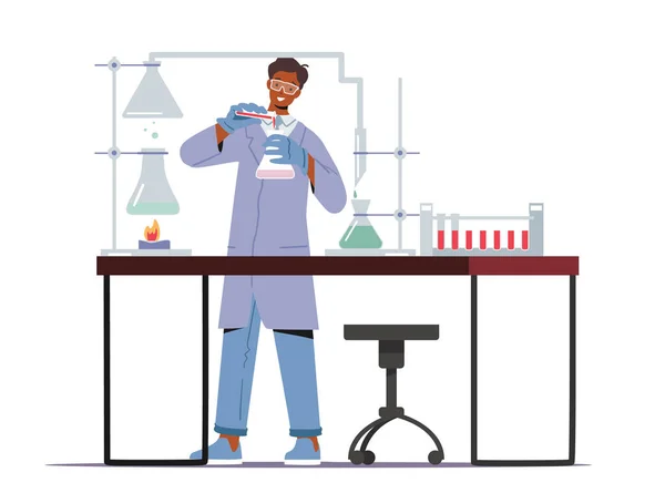 Man Scientist Wearing Lab Coat Holding Beaker Conducting Chemical Experiment in Science Laboratory (em inglês). Investigação científica química —  Vetores de Stock
