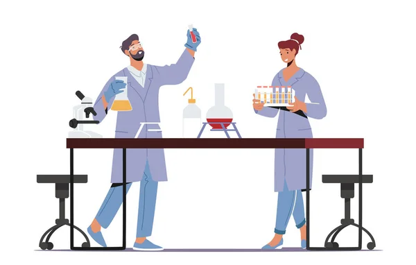 Químicos Inventar Medicina ou Vacina. Cientistas conduzindo pesquisas ou experimentos em laboratório. Ciência da Química —  Vetores de Stock