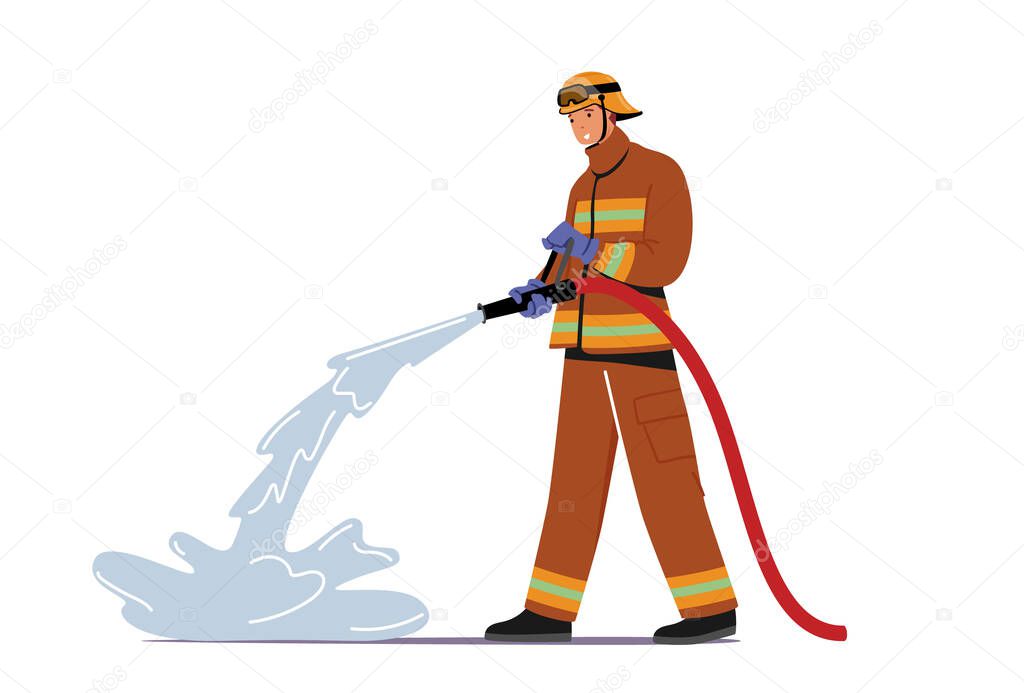 Brave Fireman Wearing Uniform and Hat Spraying Water Jet from Hose Fighting with Blaze Isolated on White Background