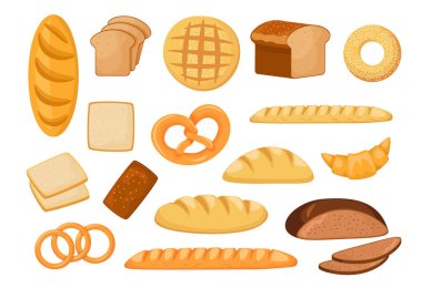 Set of Icons Different Types of Bread White Long Loaf, Rye and Wheat Bread, French Bun, Bagel, Pretzel with Croissant clipart