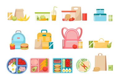 Okul beslenme çantaları, sırt çantaları, yemekler ya da içkiler. Fast Food, Fruits veya Sebze Koleksiyonu