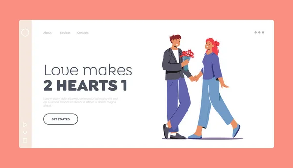 Love, Human Relations, Couple Dating Landing Page Template. Мужчина дарит подарок девушке. Девушка получает букет фломастеров — стоковый вектор