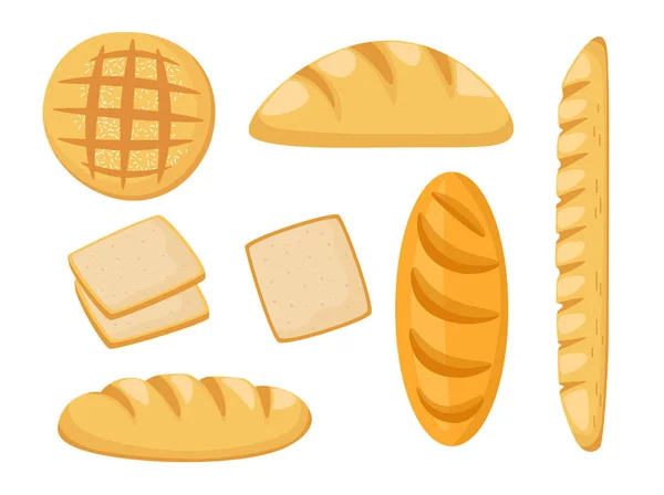 Zestaw ikon produkcji piekarniczej, różne rodzaje chleba Pszenica francuski bochenek, plasterki kanapki izolowane na białym tle — Wektor stockowy