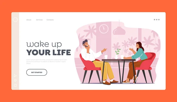 Weekend Leisure Landing Page Template. Junges glückliches Paar sitzt im Café am Tisch, trinkt Kaffee, redet und lacht — Stockvektor