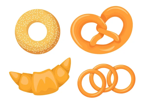 Set of Icons Different Types of Bread Bagel, Pretzel, Croissant and Baked Rings Isolated on White Background, Bakery — 스톡 벡터