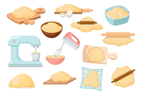 Set of Icons Dough, Bakery Ingredients, Kitchen Appliances and Tool for Cooking Bakery. Rolling Pin, Cutting Board, Eggs — 스톡 벡터