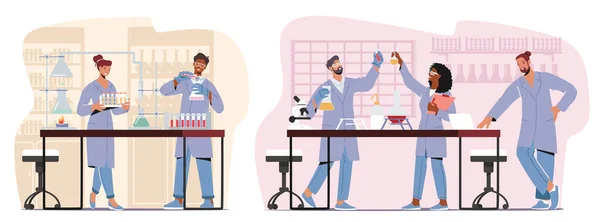 Química Ciência Pesquisa e Desenvolvimento. Personagens de cientistas em laboratório químico com equipamentos e frascos — Vetor de Stock