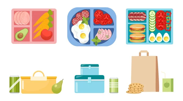 Set of Lunch Boxes, Lunchbox Collection with Dinner, Fast Food, Healthy Fruits or Vegetables Boxed in Containers or Bags — 스톡 벡터