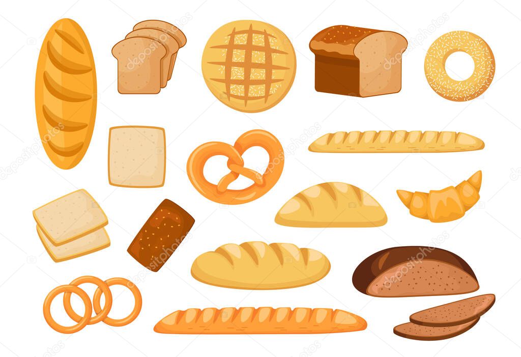 Set of Icons Different Types of Bread White Long Loaf, Rye and Wheat Bread, French Bun, Bagel, Pretzel with Croissant and Baked Rings Bakery Isolated on White Background. Cartoon Vector Illustration