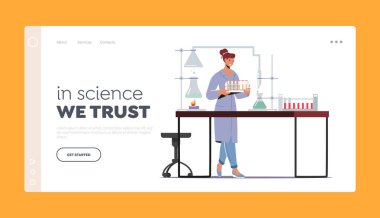 Bilim İniş Şablonu. Laboratuvarda laboratuvar önlüğü deneyleri ve bilimsel araştırmalar yapan bir kimyager. Kimya Personeli