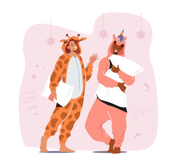 Mensen in Kigurumi pyjama, jonge man en vrouw dragen dierlijke kostuums eenhoorn en giraf. Tieners dansen en plezier — Stockvector