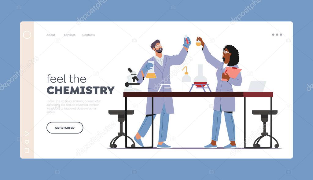 Chemistry Science Staff Landing Page Template. Scientists Wear Lab Coats Conducting Experiments and Scientific Research