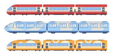 Tren, tramvay ve metro vagonları yan görünümü, metro lokomotifi demiryolları, izole edilmiş modern banliyö ulaşımı, tren yolu.