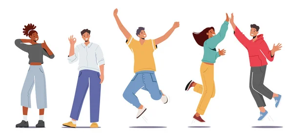 Set of People Feeling Pozitív érzelmek, Giving Highfive, Show Ok Gesture, Ugrás emelt karokkal és felmutató hüvelykujj — Stock Vector