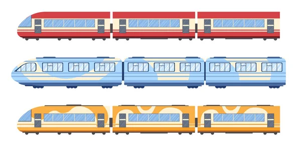 Tren, tramvay ve metro vagonları yan görünümü, metro lokomotifi demiryolları, izole edilmiş modern banliyö ulaşımı, tren yolu.