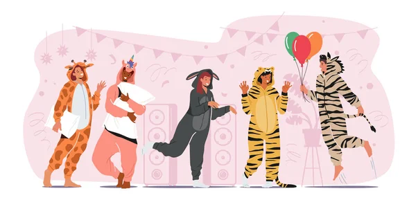 Fiesta de pijama Kigurumi, Jóvenes con Disfraces de Animales Unicornio, Burro, Cebra, Jirafa, Tigre con Globos y Almohadas — Vector de stock