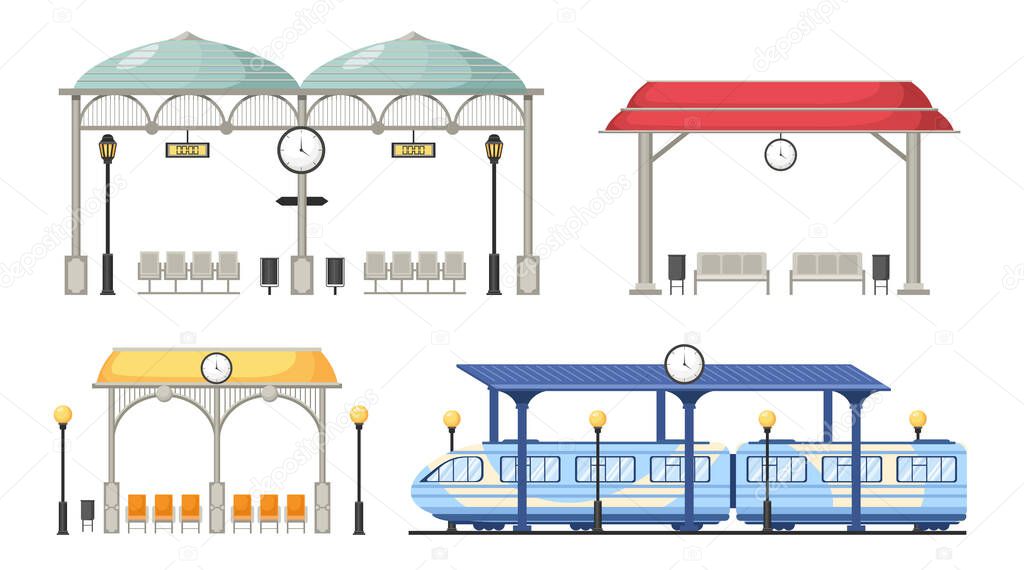 Set of Railway Station Platform with Plastic Seats, Train and Digital Watch Display and Hanging Clock with Street Lamps