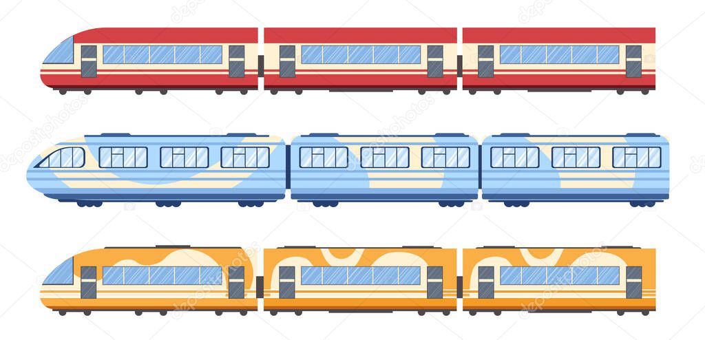 Train, Tram and Subway Wagons Side View, Metro Locomotive on Rails, Isolated Modern Commuter City Transport, Railway