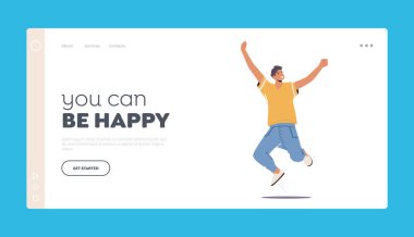 Yükseltilmiş Kollar İniş Sayfası Şablonu ile Mutlu Çocuk Atlaması. İnsan Olumlu Duygu, Sevinç, Zafer veya Başarı Hissediyor