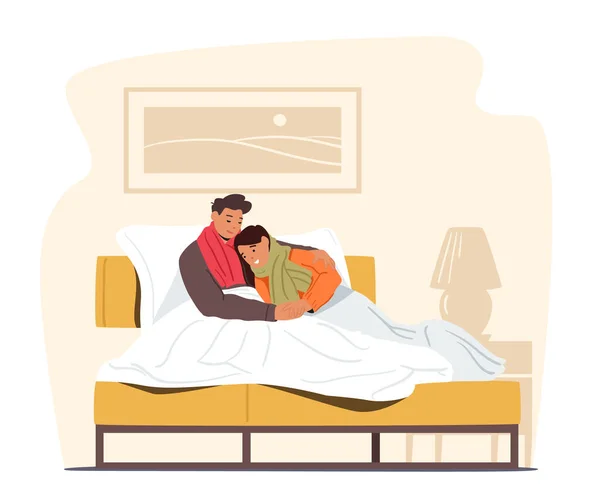 Unga par frysa Man och kvinna karaktär Insvept i varma rutiga och vinter kläder sitter på soffan försöker värma — Stock vektor