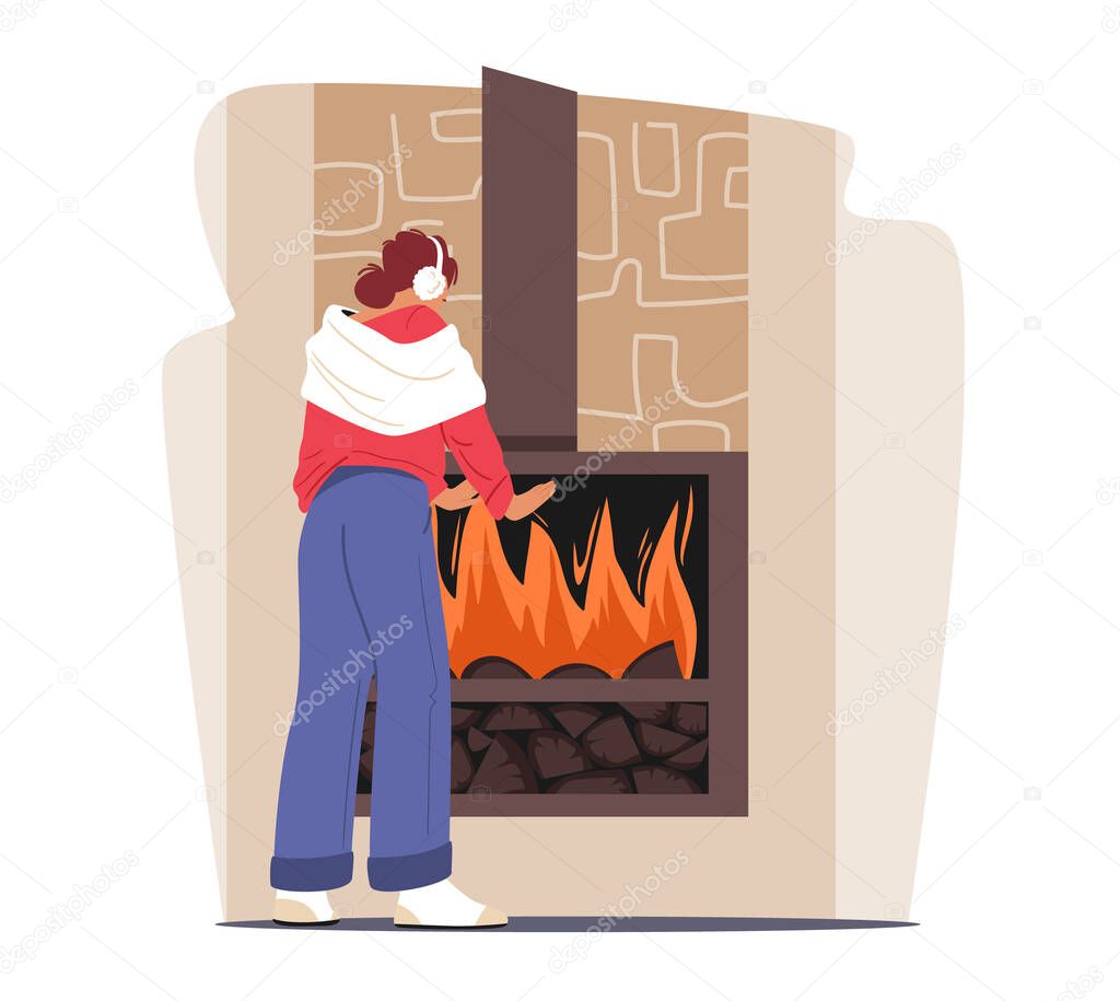 Cold Low Degrees Temperature at Home Concept. Freezing Female Character Wrapped in Warm Clothes Warm Hands at Fireplace