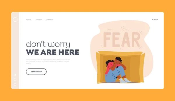 Ansiedad social, Plantilla de landing page de miedo. Lonely Introvert Sentado dentro de Box Covering Ears. Problemas de salud mental — Vector de stock