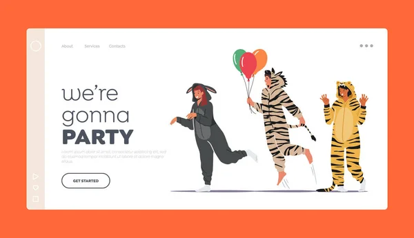 Home Party Celebration Landing Page Template. Menschen im Kigurumi-Pyjama, junge Männer und Frauen tragen Tierkostüme — Stockvektor