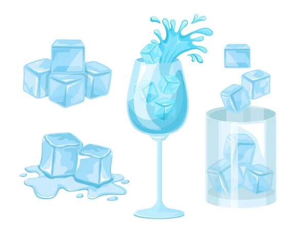 Halmaza Icons Ice Cubes, Crystal Ice Blocks elszigetelt fehér háttér. Blue Glass, Icy Pieces for Drink Hűtés — Stock Vector