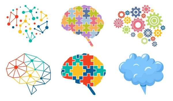 Symbolset Buntes Gehirn, polygonale Formen, Puzzleteile, Zahnräder, Wolken- oder Sprechblase, neuronale Verbindungen — Stockvektor