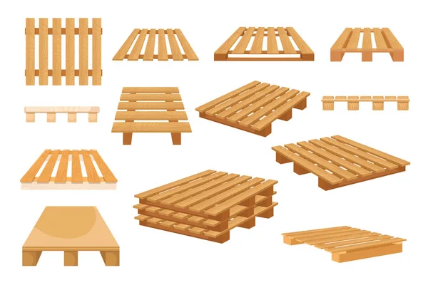 Set of Icons Wooden Pallets Isolated on White Background. Wood Palettes for Stacking Freight from Different Sides — Stock Vector