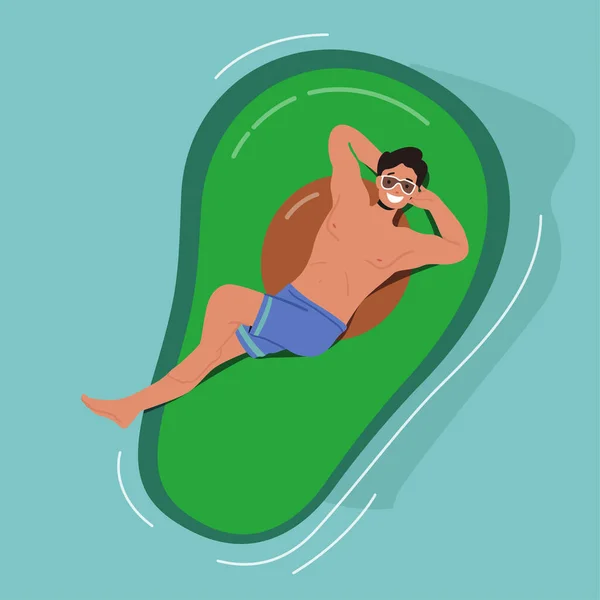 Komik Erkek Karakteri Avokado Şeklinde Şişirilebilir Hava Yatağında Yüzüyor Yaz Tatilinin Tadını Çıkartıyor, Otel Gevşe — Stok Vektör