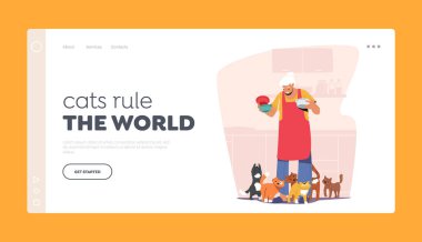 Kedilerin İniş Sayfası Şablonuyla ilgilenen kıdemli kadın. Yaşlılar Hobisi. Yaşlı büyükanne tabakları yiyecekle birlikte tutuyor.