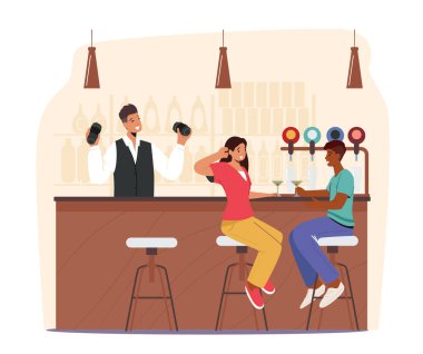 Halk Gece Kulübü ya da Bira Barı Konsepti. Erkek ve Kadın Karakterler Yüksek Sandalyelerde oturur Alkol Kokteylleri içerler