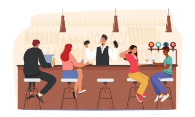 Bar eğlencesi. İnsanlar Pub 'ı ziyaret ediyor, çift yüksek sandalyelerde oturuyor tezgahta alkol içiyor, barmen kokteyl yapıyor.