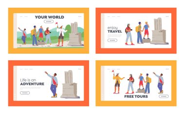 Turizm İniş Şablonu Ayarlandı. Turistler Grubu Gezisi. Seyahat eden Sırt çantalı ve Fotoğraf Makineli İnsanlar