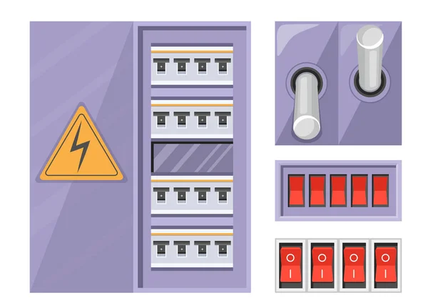 Set Electric Breaker Switchbox mit Warnschild und roten Tasten isoliert auf weißem Hintergrund. Kraftwerkssteuerung — Stockvektor