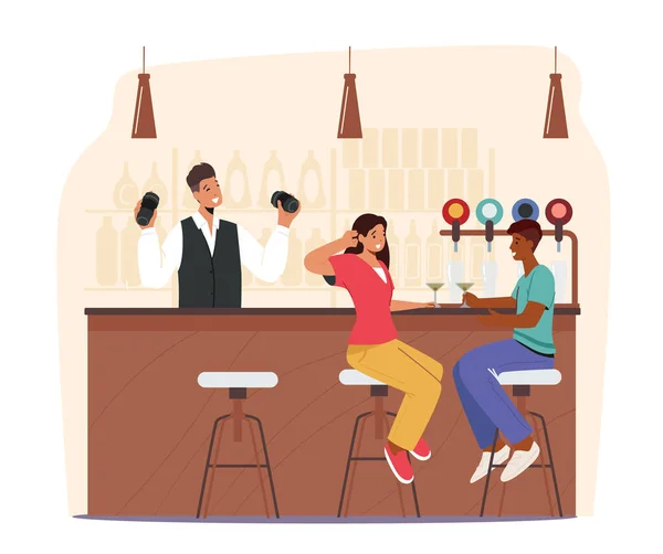 Gente visitando Night Club o Beer Pub Concept. Personajes masculinos y femeninos se sientan en las sillas altas bebiendo cócteles de alcohol — Archivo Imágenes Vectoriales