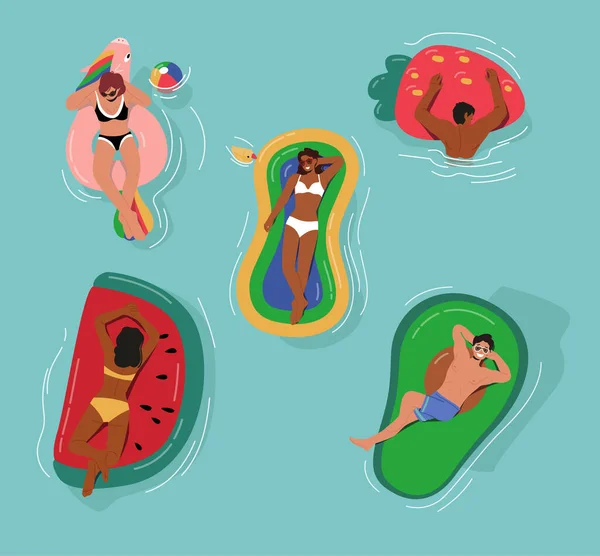 Férfi és női karakterek lebegő felfújható matracok óceán, tenger vagy úszómedence. Sokszínű emberek szórakozás — Stock Vector