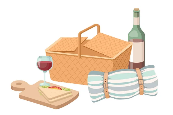 Picknickkorb, Weinflasche und Glas, Decke und Sandwich. Traditionelle Weidenschachtel, Körbchen mit Lebensmitteln auf Schneidebrett — Stockvektor