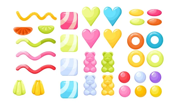 Készlet zselés cukorka, gumimacik, férgek, gyűrűk és szívek citrom szeletek elszigetelt fehér háttér, aranyos édességek — Stock Vector