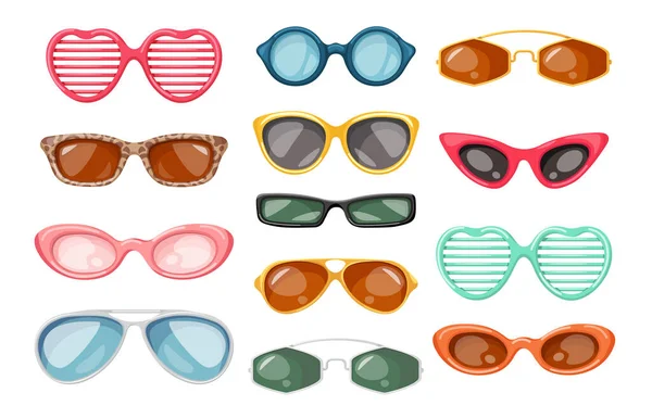 Güneş gözlüğü seti, Güneş ışınlarını korumak için yaz aksesuarları, farklı modern tasarım, özel tasarım gözlükler. — Stok Vektör